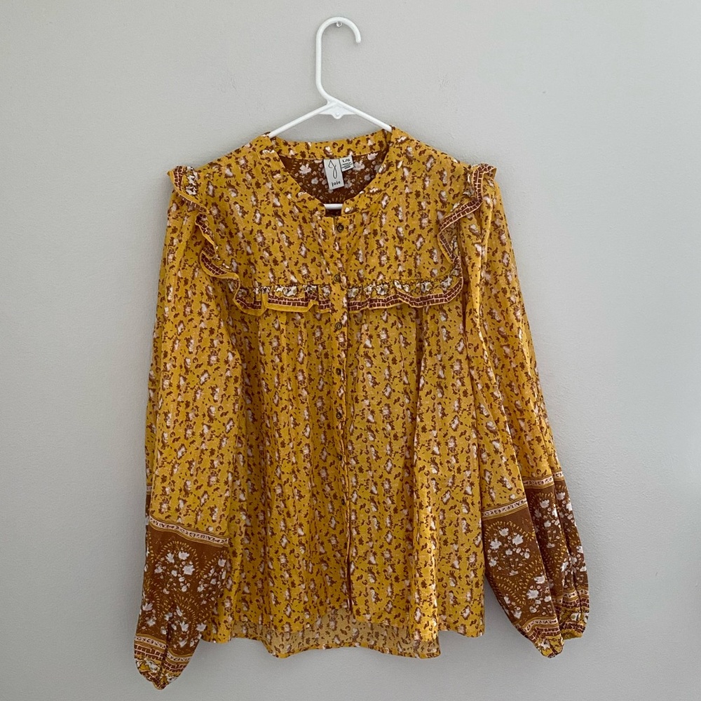Joie Yellow and Brown Ruffled Peasant Blouse  Size Large